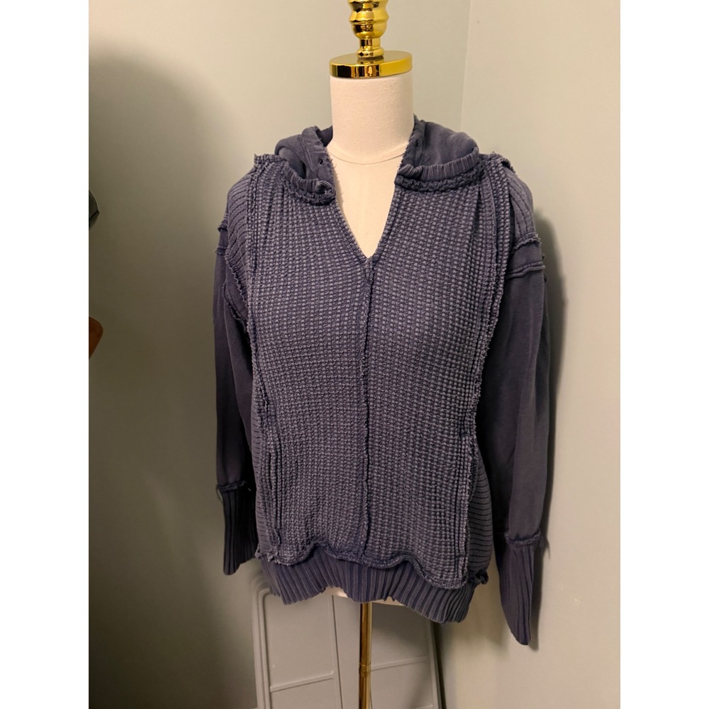 Free People We The Free Navy Blue Waffle Knit Raw Edge Hoodie Pullover Sweater